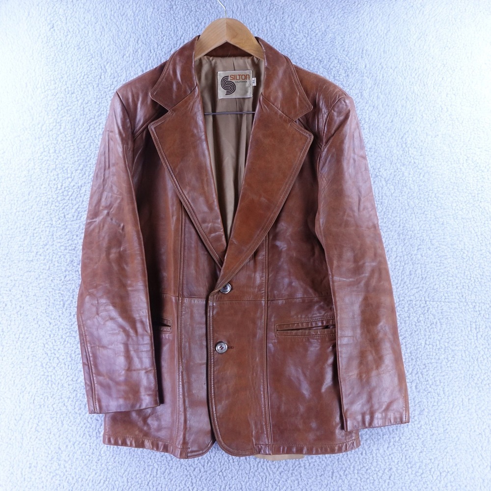 Silton‎ California Vintage Mens Brown Leather Blazer Jacket Size 44 70s Retro